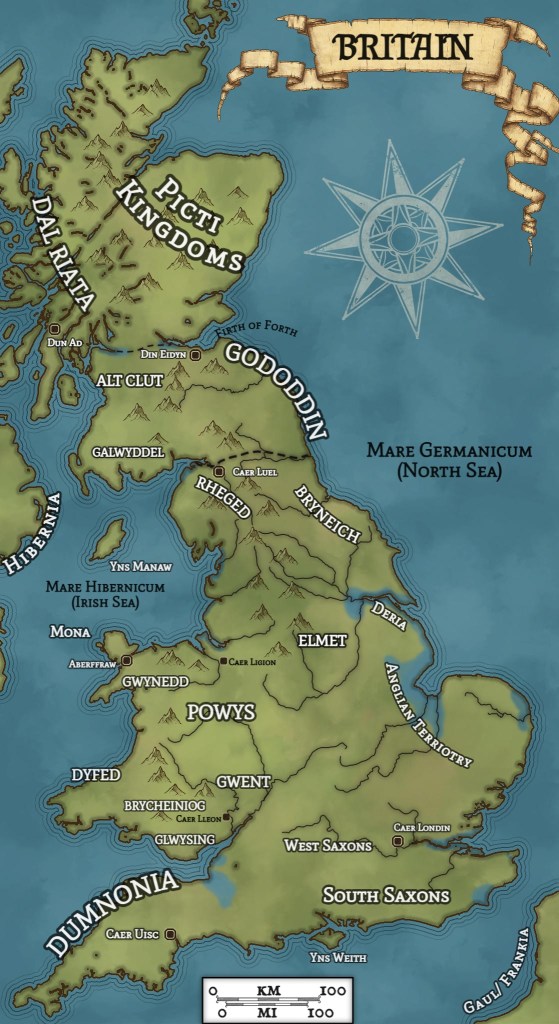 An image of Britain's major kingdoms and cities in the 6th century at the time of my Arthurian novels.